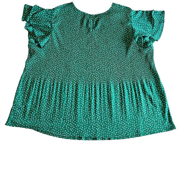 Adrianna Papell Tiered Flutter SS Green Ditsy Floral Print Top Plus Womens 2X - Picture 12 of 14